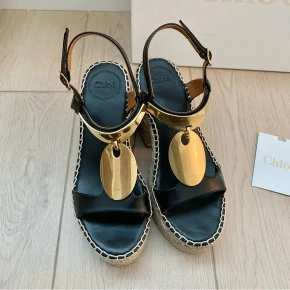 🌟 CHLOE Pema Black Leather Gold Medallion Espadrille Heeled Platform Sandals